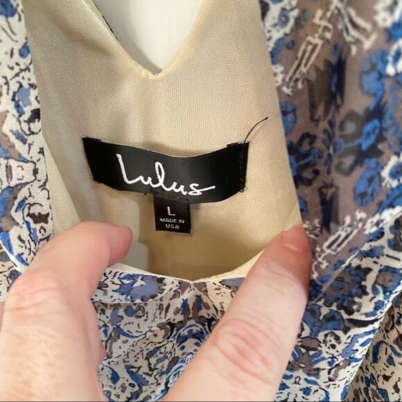 Lulus Mini Dress Size Large Blue Patterned Print Halter strap tassel NWT L - Picture 2 of 6